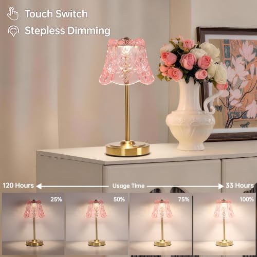 Shenmoyl Cordless Touch Table Lamp with 5200mAh Battery - 3 Adjustable Color Temperatures & Dimmable, Rechargeable Desk Lamp for Bedroom, Living Room, Office, Entryway, Bookshelves (Clear Pink Rose)
