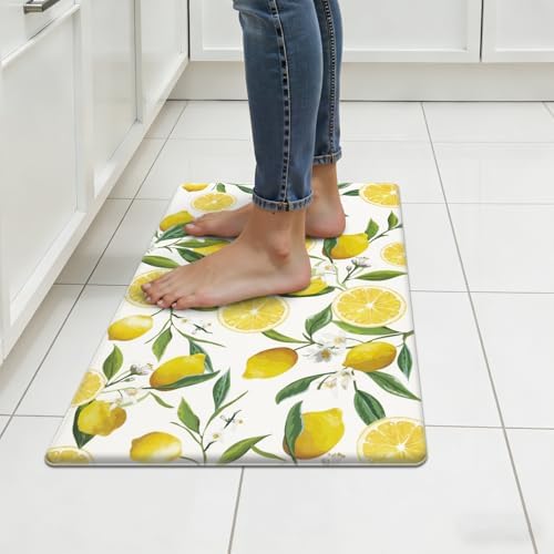 SHACOS Anti Fatigue Lemon Kitchen Mats for Floor Wipeable 17"x27.5", White