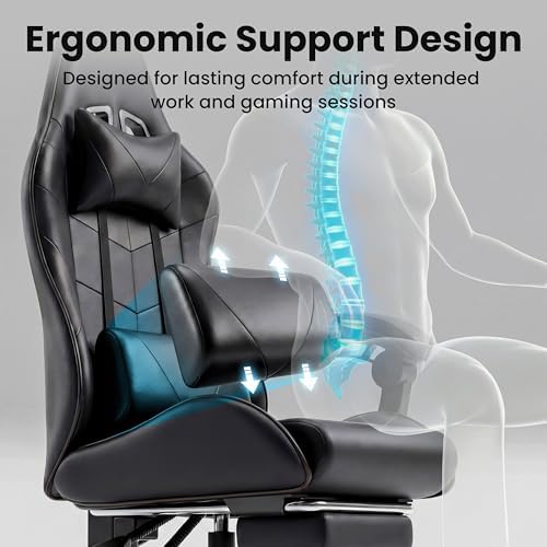Gaming Chair, Ergonomic Footrest, Lumbar & Headrest(Black)