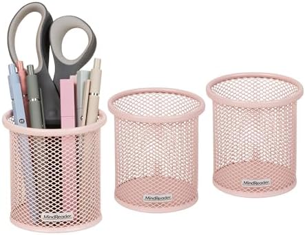 Mind Reader Pen and Accessories Holder, Desktop Organizer, Office, Metal Mesh, 3.5"L x 3.5"W x 3.75"H, Set of 3, Pink