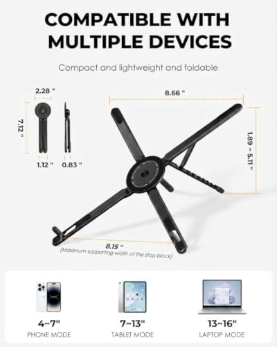 3-in-1 Laptop Stand with Magnetic Phone Holder, 8-Level Adjustable Ergonomic Aluminum Riser, Portable Computer Stand for Desk, Compatible with 10-17" MacBook & Laptops, iPhone 12-16 with MagSafe