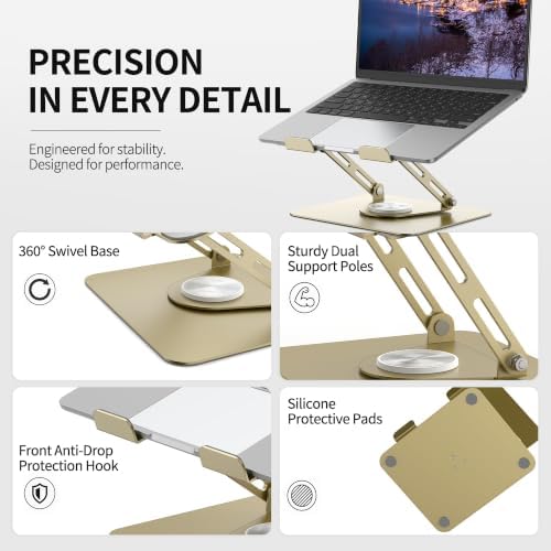 ALASHI Laptop Stand for Desk with 360° Rotating Base, Multi-Angle Adjustable Laptop Stands, Foldable Laptop Riser Compatible with 10 to 17 Inches PC Computer, Gold