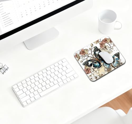 9.5x7.9 Inch Office/Gaming Mouse Pad, Vintage Blue Butterflies on Orchids Flowers Elegant Floral Art, Cute Anti-Slip Mat for Desk Decor