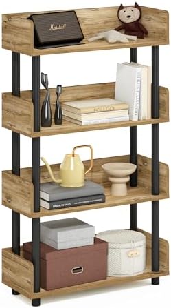 Furinno TURN-N-TUBE 4-Tier Display Shelf, Storage Shelves, Book Shelf, Open Shelves with Rounded Corner Top Edges, for Organization and Storage, Living Room, Home Office, Flagstaff Oak