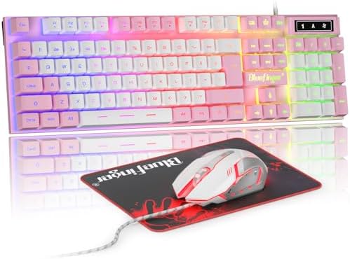 BlueFinger RGB Gaming Keyboard and Backlit Mouse Combo, USB Wired, LED Gaming Set for Laptop PC Computer Game and Work (Pink & White)