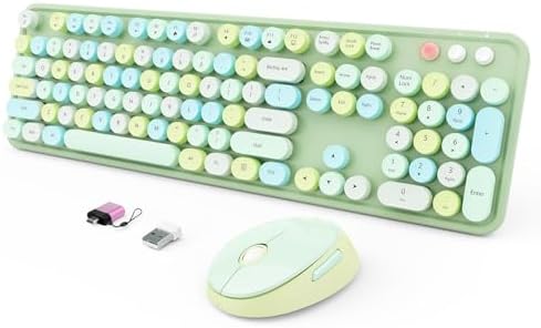 Wireless Keyboard and Mouse Combo, Ergonomic Full Size Typewriter Retro Round Keycaps Keyboard, Compatible with Windows, PC, Perfer for Home and Office Keyboards (Green