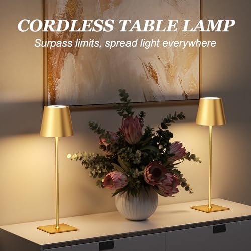 Kakanuo Gold Cordless Rechargeable Table Lamp 5000mAh Battery Operated Lamps, 3 Colors Stepless Dimming Touch Lamp for Dining, Living Room, Outdoor Patio, Kitchen Counter, 4 Pack