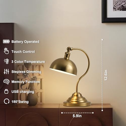 KARTOOSH Cordless Table Lamp, Battery Operated Vintage Desk Light, Brass