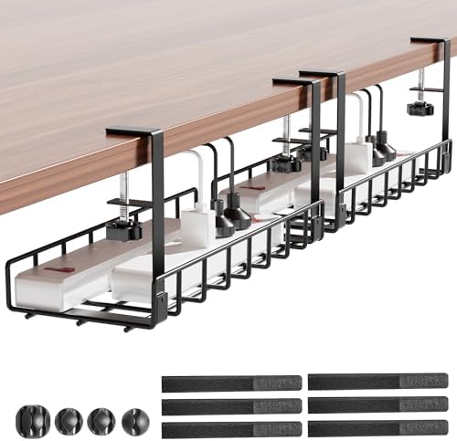 Under Desk Cable Management Tray 2 Pack, Xpatee Wire Management No Screws, Cable Tray with Clamp for Wire Management, Computer Code Rack for Office, Home - No Damage to Desk Black
