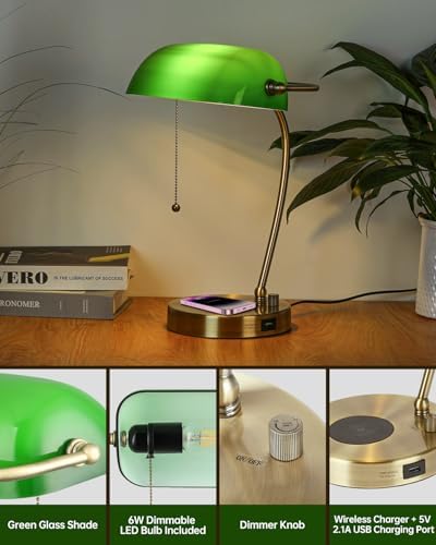 Stepless Dimmable Green Glass Bankers Desk Lamp,LED Bulb Included