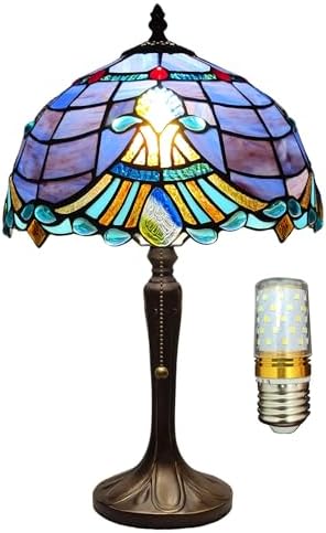 Tiffany Table Lamp Purple Baroque Style Stained Glass Lamp 3 Color Temperature 12 Inch Antique Desk Light Handcrafted Light for Bedroom Living Room Home, Included LED Bulb