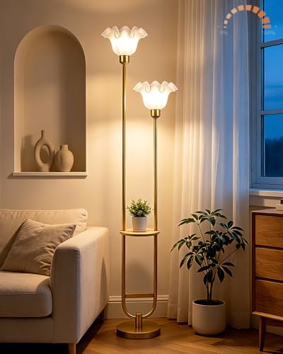 Flower Floor Lamps with Table, 2-Lights Dimmable Floral Floor Lamp, 3000K Warmwhite Modern Floor Lamp, Vintage Gold Standing Lamp with 5Lbs Heavy Base for Living Room Bedroom Girls Room