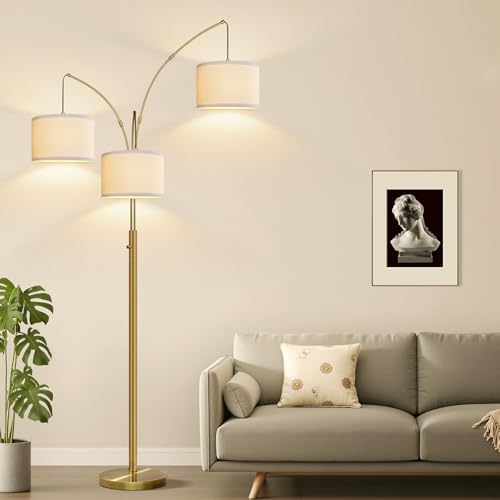 Dimmable Floor Lamp, 3 Lights Brass Arc Floor Lamp, Modern Tall Standing Tree Lamp with Beige Linen Shades & Heavy Base, 3000LM LED Bulbs, Bright Lighting for Living Room, Bedroom, Office & Reading