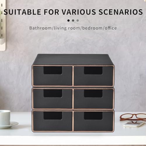 Linen Leather Desk Organizer and monitor stand with Drawers－Mini Desktop Drawer Organizer Stackable－Tabletop Organization Storage Box for Office Supplies Home Vanity Toiletries (Black, 2-drawers)
