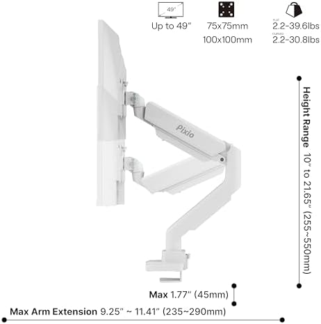 Pixio PS2S White Ultrawide Heavy-Duty Premium Single Monitor Arm Stand Desk Mount - Fits up to 49 inches Monitors, Weights up to 39lbs Flat / 31lbs Curved, Compatible with VESA 75x75 100x100mm