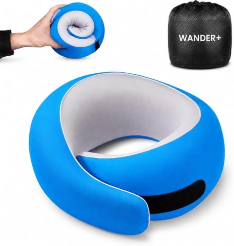 WANDER+® Travel Neck Pillow, Memory Foam Neck Pillow for Airplanes, Comfortable Breathable Cover, 360 Degree Support Ergonomic Design Best for Sleeping Plane Train Travel Essentials Max Blue