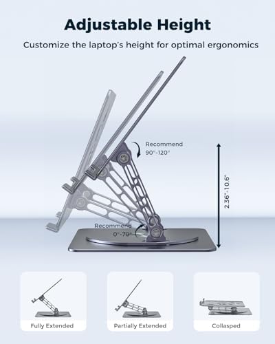 Aoviho 360° Rotating Laptop Stand for Desk | Adjustable, Foldable, Portable Aluminum Ergonomic Riser | Compatible with MacBook, Dell, HP & All Laptops 10-16 inch | Gray
