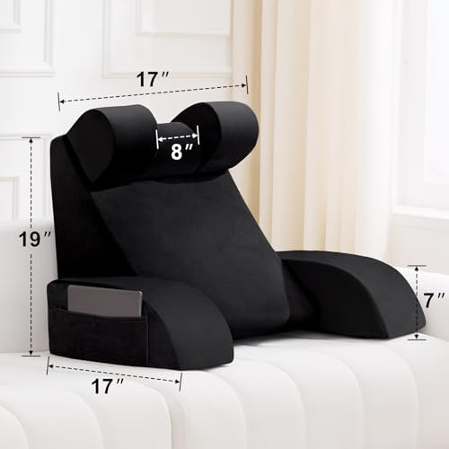 19" Reading Pillow for Bed with Back Support & Big Pockets, Black