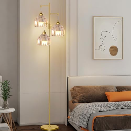 ZECOXOL Gold Floor Lamps for Living Room 3 Lights Floor Lamp with Glass Lampshape & Three Led Bulb,Mid Century Standing Lamp