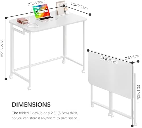 4NM 27.5" Mobile Small Rolling Computer Desk, Folding Laptop Cart Table with Wheels, Portable Office Desk for Small Space Couch Bed - All White