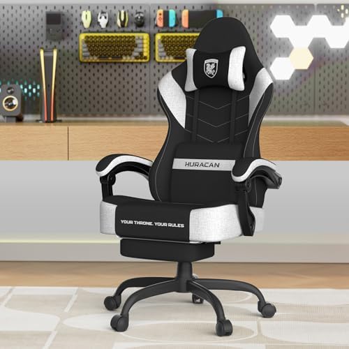 Ferghana Cotton Fabric Gaming Chair - Wider Seat Cushion, Shield-Shaped Embroidery, Ergonomic High Back with Footrest, Computer Gamer Chair for Adults Featuring Massage Lumbar Support, Black/White