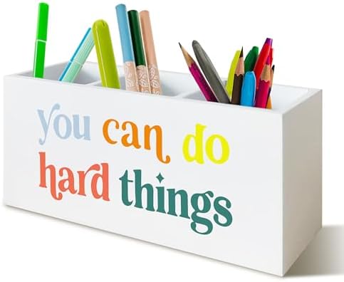 You Can Do Hard Things Desk Pen Holder, Inspirational Decor for Nursery School Psychologist Mental Health Therapy Office Desk, Positive Wooden Pencil Holder Organizer for Office