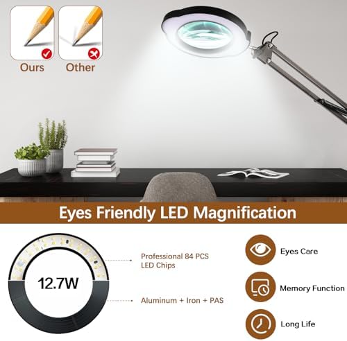 12X Magnifying Glass with Light and Clamp, 84 LEDs Real Glass Lens Magnifying Lamp for Close Work, Repair, Reading, Craft（Top Button）