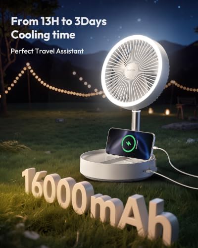 Gaiatop Portable Pedestal Fan 16000mAh Battery [Max 74h Runtime], Foldable Oscillating Standing Fan, Collapsible Desk Fans, LED Light, Case & Remote Control 4 Speeds for Outdoor Travel Camping (White)