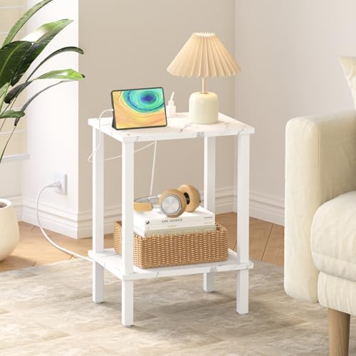 TUTOTAK End Table with Charging Station, Side Table Set of 2, Nightstand