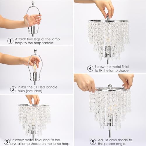 Touch Control Crystal Table Lamp with USB C+A Charging Ports, 3-Way Dimmable Bedside Touch Lamp Decorative Nightstand Lamp with Elegant Lampshade for Living Room Bedroom, B11 LED Bulb Included