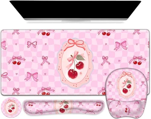 Cute Check Mouse Pad with Wrist Support 4 in1 Set, XXL Big Game Mousepad + Keyboard Wrist Rest + Mouse Wrist Rest Pad +Coaster Gaming Mat for Work Study Home Office I Pink Cherry & Bow Dream