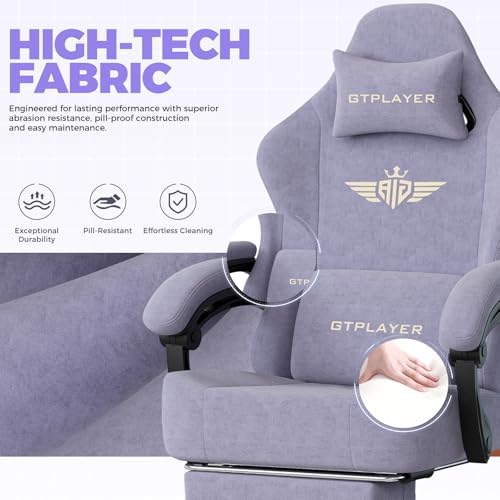 GTPLAYER Big and Tall Gaming Chair Fabric with Pocket Spring Cushion, High Back Ergonomic Computer Chair with Footrest for Adults Lumbar Support Swivel Game Chair for Office 350LBS, Macaron Purple