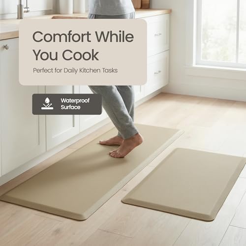 Anti Fatigue Kitchen Mats for Floor | Padded Kitchen Rugs | Non Slip, Cushioned Standing Desk Mat | Waterproof Floor Mat | 17.3" x 28" x 0.47" & 17.3" x 59" x 0.47", Beige, 2-Pack | More Décor