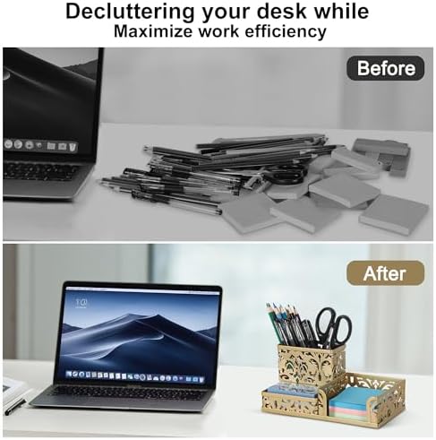 EasyPAG Desk Organizer 3 Compartment Pen Holder for Desk Office Supplies Caddy with Sticky Notes Holder for School Home, Gold