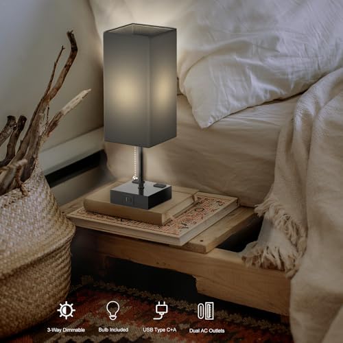 YIDPU Table Lamp for Bedroom with USB,Bedside Lamp with USB C+A Charging Ports,Adjustable 3color LED Light for Home Decor/Nightstand/Office,Included Bulb and Fabric Lamp Shade (Linen Black, 2PCS)