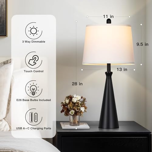 Rinweey 28" Black Touch Table Lamp with USB A+C Ports, 3-Way Dimmable Bedroom Lamp for Night Stand, Tall Modern Touch Lamp for Living Room End Table, Includes LED Bulb