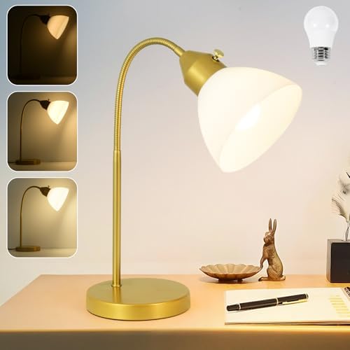 RISLG LED Desk Lamp for Home Office, 3 Levels Dimmable Reading Light, Flexible Table Lamp for Bedside Office, Rotary Switch Control, Desk Lamp for College Dorm Study Lamp, Bulb Included, Gold