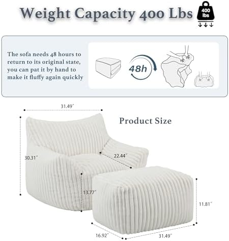 Gericco Oversized Bean Bag Chaise Lounge Chair with Ottoman for Adults