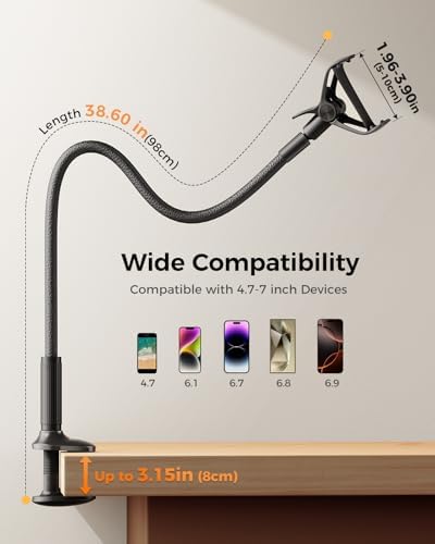 SAIJI Gooseneck Phone Holder for Bed Overall Length 38.6” Flexible Leather Wrapped Arm Overhead Cell Phone Mount Stand with 360° Adjustable Clamp Clip, Compatible with All 4-7” Cellphones (Black)