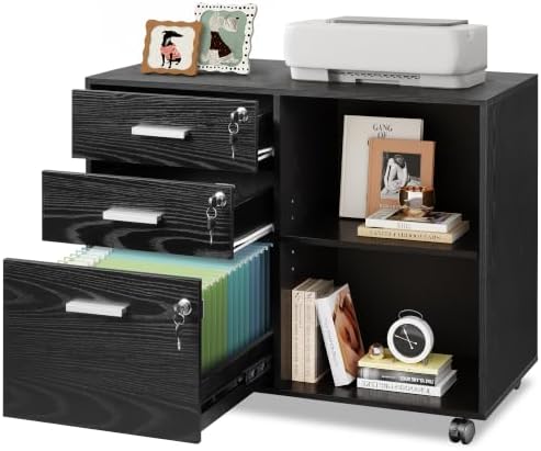 DEVAISE 3-Drawer File Cabinet with Lock, Mobile Wood Filing Cabinet, Black