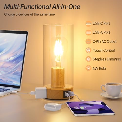 Touch Control Bedside Lamp with Charging Station，Wood Metal Small Lamp