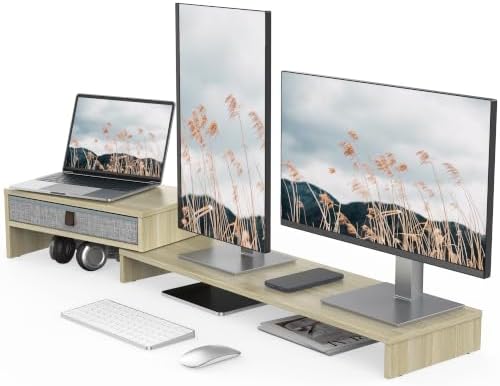 Fenge Triple Monitor Stand with Storage Drawer, Adjustable Length and Angle