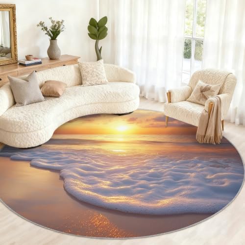 Coastal Round Rug - 3ft Washable Ocean Theme Round Area Rug for Bathroom, Marine Landscape Circle Rugs Soft Non-Slip Carpet for Kitchen Bedroom Kids Room Decor Mat