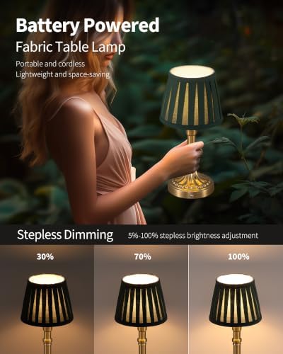 KDG Gold Cordless Table Lamps Set of 2, Green Fabric Shade Small Desk Lamp
