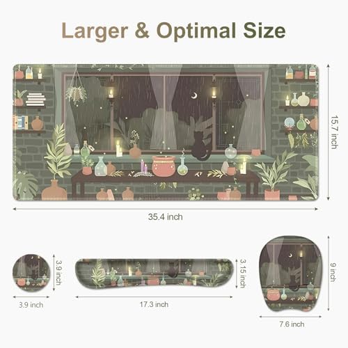 Aesthetics Large Mouse Pad with Wrist Support 4 in1 Set, XXL Big Game Mousepad + Keyboard Wrist Rest + Mouse Wrist Rest Pad +Coaster Gaming Mat for Home Office Computer I Green Plants and Black Cat