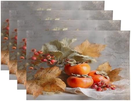 Autumn Harvest Linen Placemats, Persimmons Leaves Berries Table Mats for Table Washable Heat Insulation Thick Dining Mat, Indoor/Outdoor 12X18 in 4 Pcs