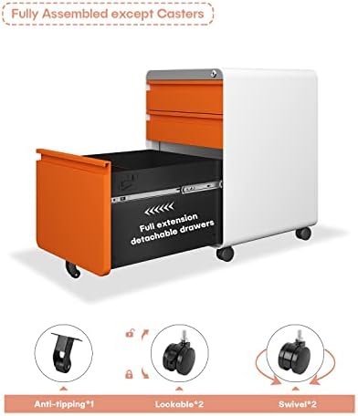 Dripex 3 Drawer Metal Rolling File Cabinet Under Desk Filing Cabinet Orange