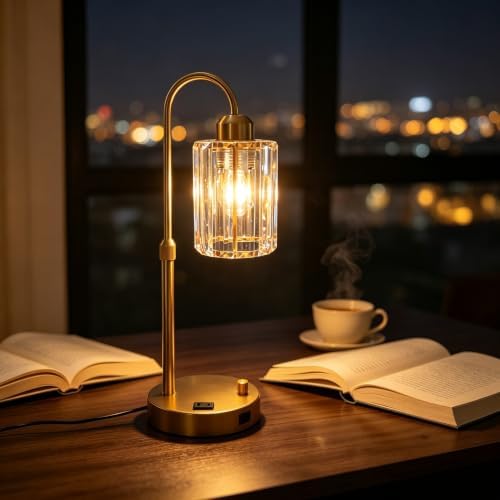 Gold Crystal Table Lamp, Adjustable Height Dimmable Desk Lamp with USB Charging Port and AC Outlet, Polished Metal Base for Bedroom Living Room