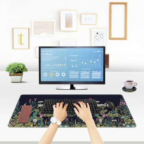 ToLuLu Extended Gaming Mouse Pad, Memory Foam Ergonomic Keyboard Mouse Wrist Rest Support Set, Large Desk Mat with Stitched Edges, Non-Slip Base Mousepad for Home Office Game, Weeds Plants