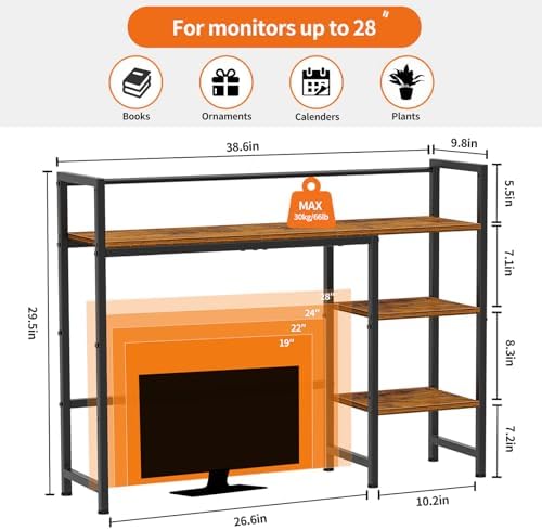 Snughome Desk Shelf, 38.6" Desktop Organizer Shelf, Desk Hutch for Computer Monitor, 4 Tier Desk Display Rack, Wood Desktop Bookshelf Storage Rack for Home Office Dorm, Rustic Brown